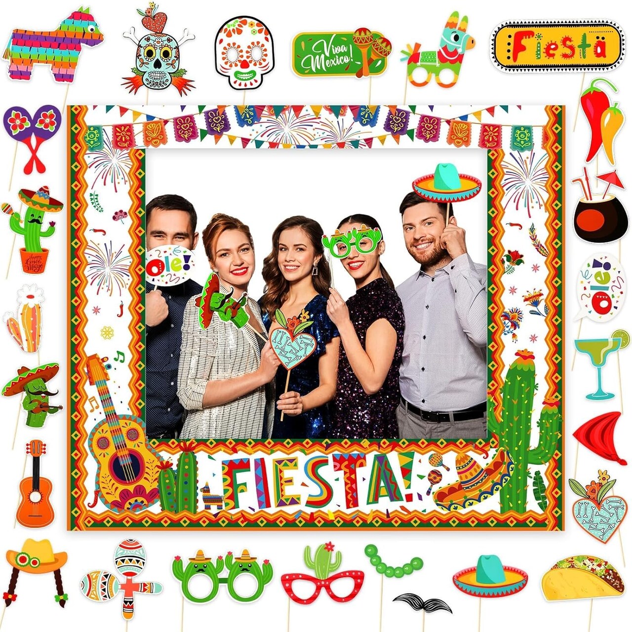 Fiesta Photo Booth Props 26 PCS Set, Mexican Party Favors Large Photo Frame 30x25.6 Inch and Mexican Pose Sign Picture Props Selfie Cinco de Mayo Photo Booth Props for Fiesta Party Supplies